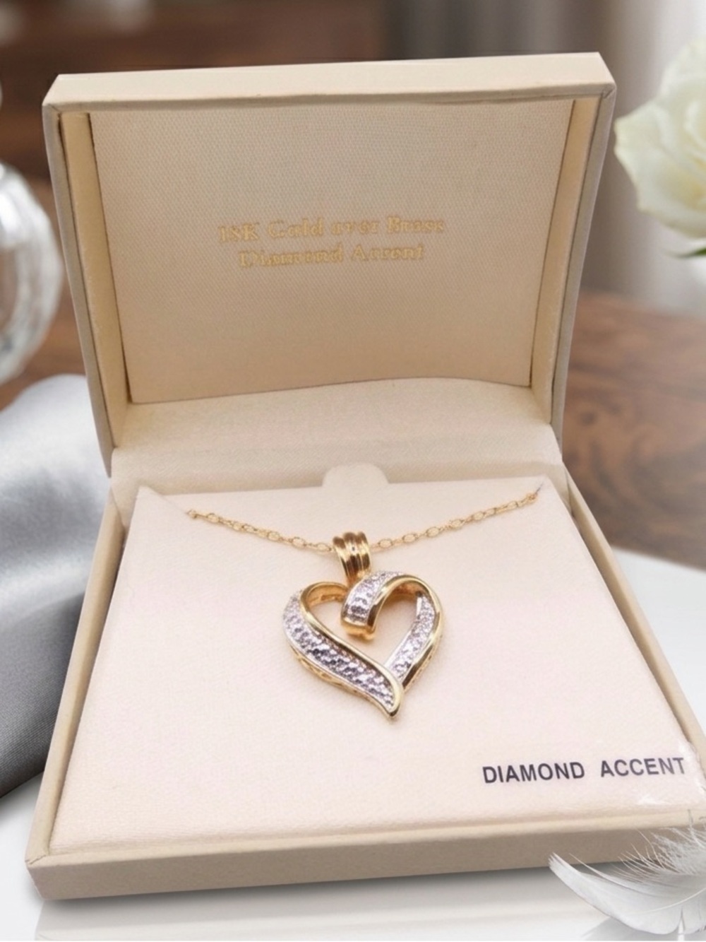 18kt over Brass Plated Diamond Open Heart 20" Necklace in Box